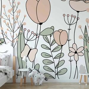 Carta da parati Prato disegnato - fiori, foglie e farfalle rosa in forma grafica