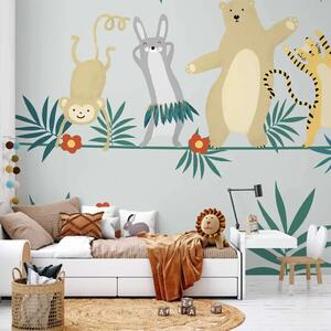 Carta da parati moderna Animali ballerini - scimmia, coniglio, tigre e zebra su sfondo grigio