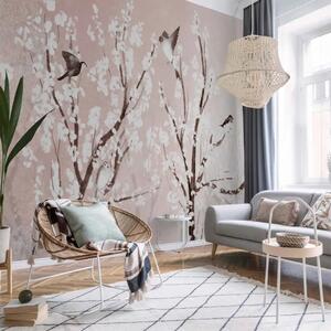 Carta da parati Alberi con fiori bianchi - uccelli su rami in primavera su sfondo rosa