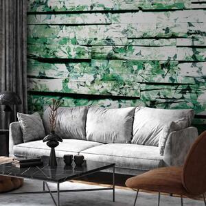 Carta da parati moderna Liste Decorate - Motivo Vegetale con Foglie Verdi su Legno