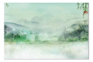 Quadro moderno Terra nebbiosa - paesaggio verde con vista foresta e monti