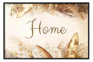 Poster: Home - scritta tra piante secche e piume in calde tonalità boho