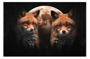 Quadro moderno Animali del bosco - due volpi e luna su sfondo nero