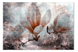 Quadro su tela Magnolia - fiori rosa e lettere su sfondo astratto
