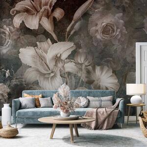 Carta da parati moderna Fiori in stile vintage - varie grandi piante bianche su sfondo scuro