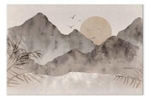 Quadro contemporaneo Paesaggio wabi-sabi - alba e uccelli su sfondo montuoso