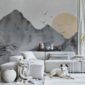 Carta da parati moderna Paesaggio wabi-sabi - paesaggio di montagne e alba in stile giapponese