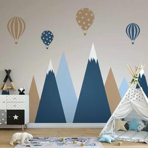 Carta da parati Paesaggio infantile - grafica con palloncini sopra montagne blu-beige