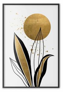 Poster: Natura astratta - foglie nere e oro, alba e rugiada