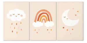 Quadro contemporaneo Cielo dei bambini (3 parti) - nuvole pastello e luna per bambini