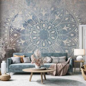 Carta da parati Mandala - ornamento color crema chiaro su sfondo blu
