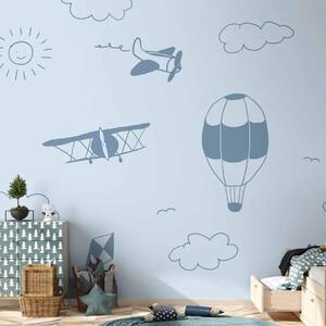 Carta da parati moderna Volo in cielo - aerei disegnati contro un cielo blu con nuvole