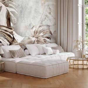 Carta da parati moderna Monstera - foglie decorative color seppia su uno sfondo di marmo