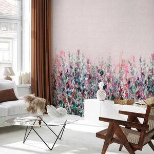 Carta da parati moderna Prato rosa - paesaggio dipinto di fiori di campo in stile boho