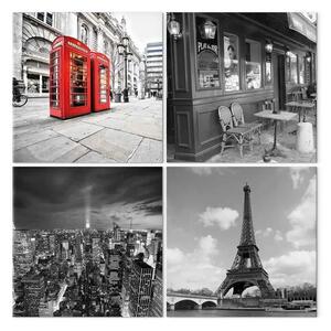 Quadro su tela Cartoline dalle vacanze (4 parti) - città europee in bianco e nero