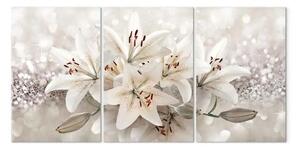 Quadro contemporaneo Gigli (3 parti) - fiori bianchi su sfondo beige lucente