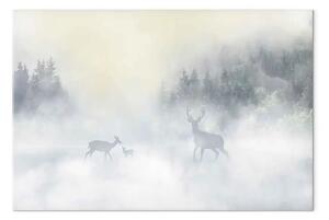 Quadro contemporaneo Cervi daini nebbia - animali sfondo lago bosco