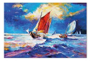 Quadro su tela Barche a vela colorate - paesaggio dipinto con barche su onde agitate