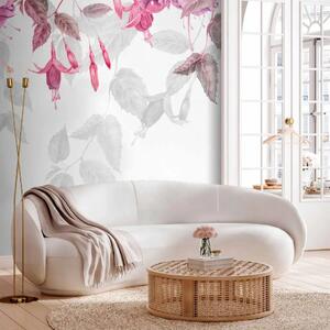 Carta da parati moderna Fiori di fucsia - acquerello di fitte piante rosa su sfondo bianco