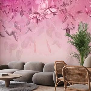 Carta da parati Fiori fucsia - acquerello con fitte piante e foglie rosa