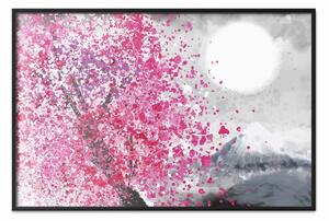 Poster: Vedute giapponesi - paesaggio con il monte Fuji e un albero rosa