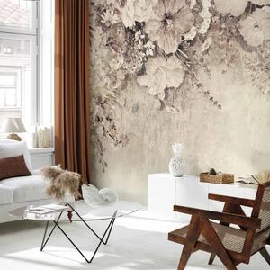 Carta da parati moderna Fioritura - disegno di diverse specie di fiori sul muro - beige