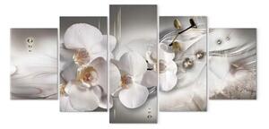 Quadro moderno Orchidea bianca - composizione di fiori bianchi con perle e diamanti