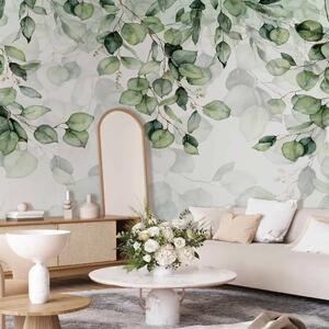 Carta da parati Foglie decorative - motivo floreale in verde chiaro su sfondo bianco