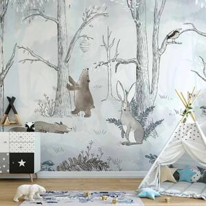 Carta da parati moderna Foresta disegnata - animali su sfondo