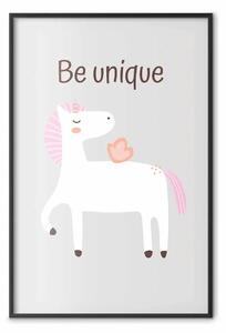 Poster: Sii unico - unicorno allegro e slogan motivazionale per bambini