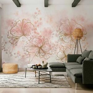 Carta da parati moderna Papaveri dorati - fiori disegnati a linee su sfondo rosa
