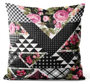 Cuscino in velluto Patchwork floreale - ritaglio geometrico in bianco e nero con fiori