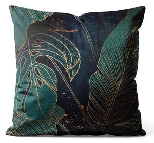 Cuscino in velluto Oro botanico - composizione floreale con foglie di monstera