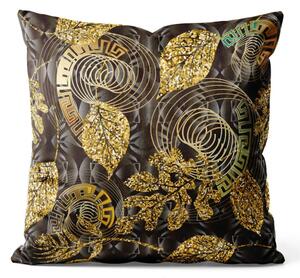 Cuscino in velluto Ornamento Meander - motivo astratto con foglie in oro e nero