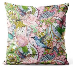 Cuscino in velluto Primavera e colibrì - motivo floreale ornamentale con uccelli esotici