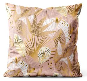 Cuscino in velluto Foglie minimaliste - motivo vegetale in oro su sfondo rosa
