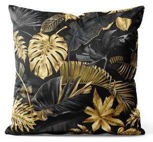 Cuscino in velluto Monstera dorata e nera - fogliame tropicale in stile glamour