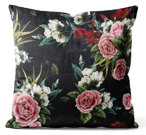 Cuscino in velluto Semplice bellezza - fiori rosa vintage, nero