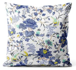 Cuscino in velluto Arabesque vegetale blu - composizione di fiori colorati
