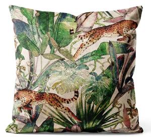 Cuscino in velluto Savana di pergamena - flora tropicale e ghepardi su sfondo beige