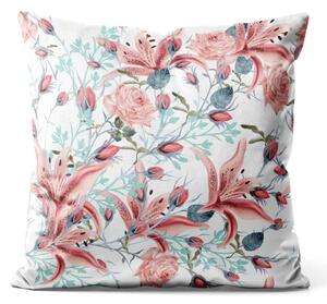 Cuscino in velluto In fiore - motivo di cespugli con fiori rossi, su sfondo chiaro