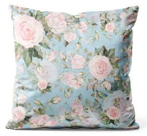 Cuscino in velluto Quadro fugace - composizione di rose in stile cottage su sfondo blu
