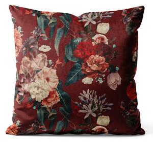 Cuscino in velluto Bouquet nobile - composizione di fiori su sfondo bordeaux