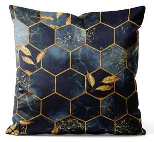 Cuscino in velluto Geometria e foglie - composizione nei toni del blu e dell'oro