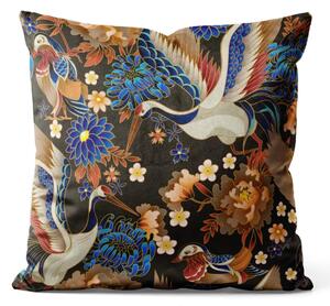 Cuscino in velluto Paradiso uccelli - fiori multicolori, scuro