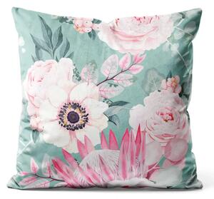 Cuscino in velluto Sogno floreale - motivo rosa e verde ispirato alla natura