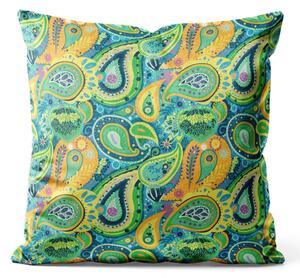 Cuscino in velluto Gocce d'acqua verde-arancio - composizione con un motivo astratto