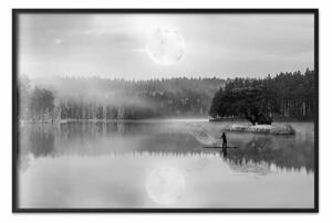 Poster: Paesaggio notturno - lago chiaro di luna bianco, nero