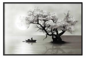 Poster: Paesaggio - uomo in barca su lago al chiaro di luna
