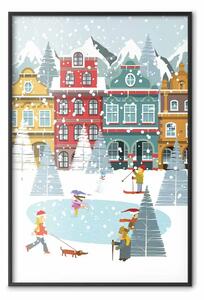 Poster: Città inverno - case, pista pattinaggio festa
